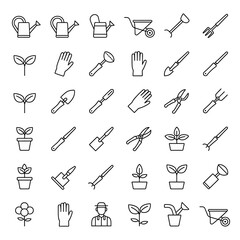Collection of gardening tools icons watering can, gloves, shovel, wheelbarrow, plants and sprouts set