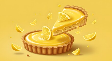 Delicious Lemon Tart with Slices and Yellow Background