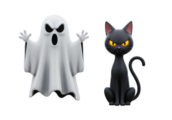 Spooky Ghost and Black Cat Halloween Characters Isolated 3D Render