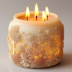 christmas decoration. Candle with intricate design and multiple flames glowing softly.