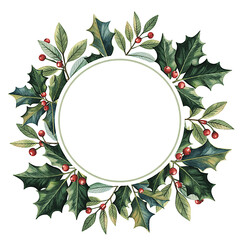 Fototapeta premium Festive Holiday Frame with Holly Berries and Leaves Elegant Circle Design for Christmas Greetings