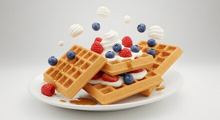 Delicious Waffles with Berries, Whipped Cream, and Syrup on a White Plate