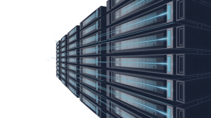 Data center servers with glowing data streams representing digital connectivity and cloud computing solutions for modern businesses