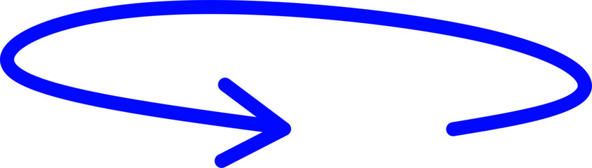Blue curved arrow loop pointing right on white background, dynamic hand-drawn marker style, symbolizing direction, rotation, or movement.
