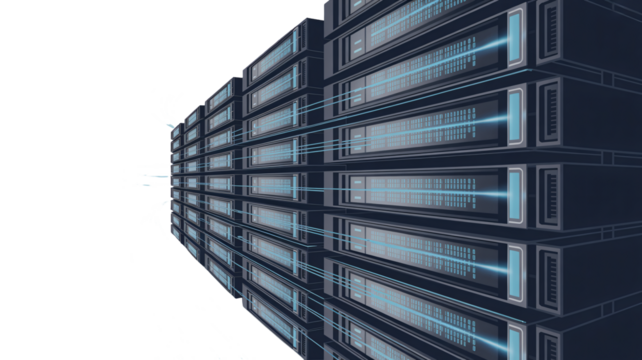 Data center servers with glowing data streams representing digital connectivity and cloud computing solutions for modern businesses