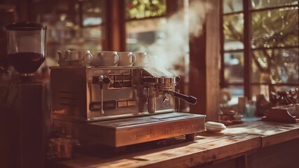 Espresso machine brewing coffee with steam in cafe interior