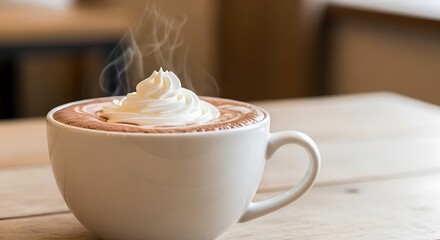 Steaming cup of hot chocolate with whipped cream on wooden table.