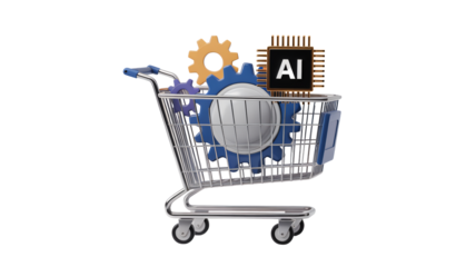 AI shopping cart concept featuring gears, a processor, and a sphere representing innovation, technology, and future of business.