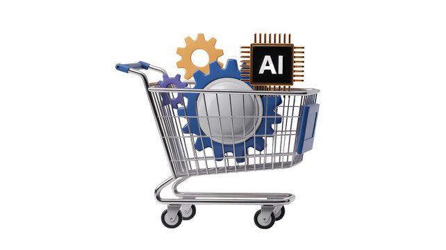 AI shopping cart concept featuring gears, a processor, and a sphere representing innovation, technology, and future of business.