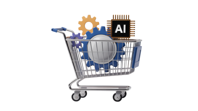 AI shopping cart concept featuring gears, a processor, and a sphere representing innovation, technology, and future of business.