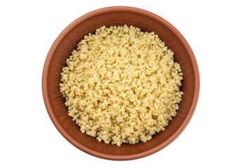 Isolated bowl with cooked couscous for healthy eating and diet, nutritious lunch