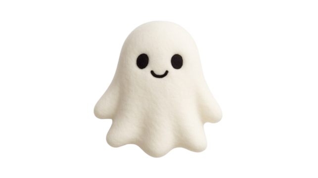 Cute cartoon ghost character with a smiling face on a white background  
