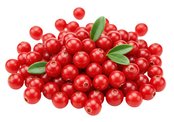 Isolated heap of fresh, juicy lingonberries with leaves, vibrant red berries and antioxidants