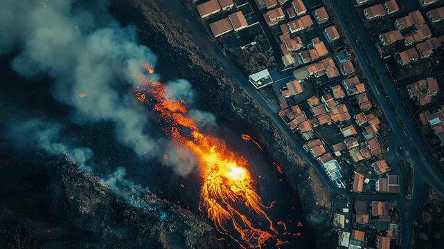 Volcano erupting lava flow destroying houses