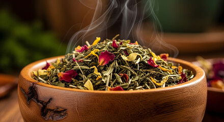 Fototapeta premium Fragrant herbal tea with rose petals in wooden bowl