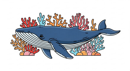 A majestic whale glides gracefully through the coral reef, its blue body a stark contrast to the vibrant colors