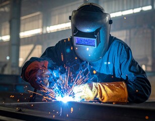 Professional Welder Working on Large Steel Structure