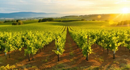 Fototapeta premium Lush Vineyard Landscape at Sunset, Rows of Grapevines.