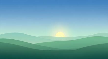 Obraz premium Scenic green hills landscape illustration with sunrise