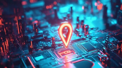 Location pin navigating digital circuit board city - Powered by Adobe