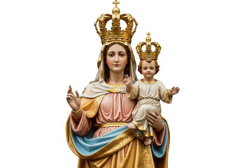 Fototapeta premium Crowned Virgin Mary Statue Holding Baby Jesus Isolated on White