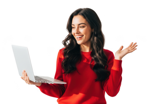 Young woman smiling enthusiastically holding a laptop and gesturing isolated on transparent background