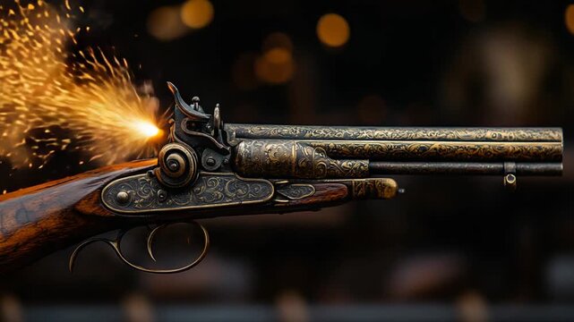 Antique Flintlock Pistol Firing with Sparks in Slow Motion.