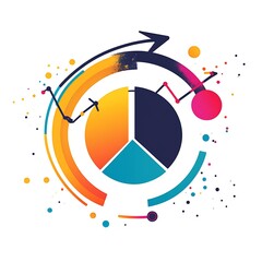 Fototapeta premium Colorful abstract infographic with pie chart and upward trending arrow symbolizing growth