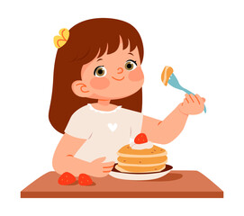 Cute girl eating healthy breakfast pancakes with strawberries. Flat vector illustration kids nutrition.