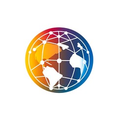 Global network connections and digital data transfer across a colorful abstract planet