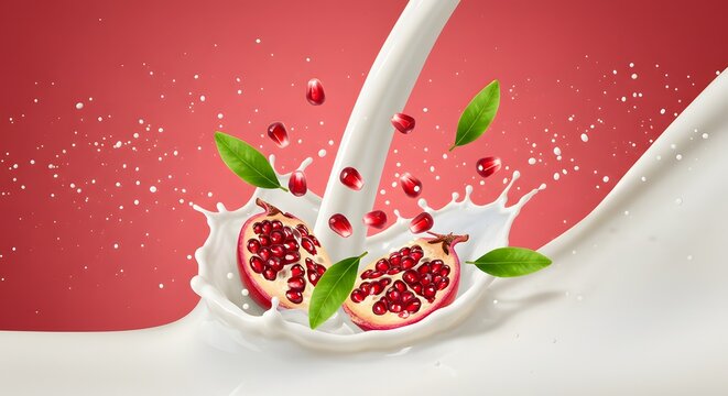 Pomegranate and Milk Splash on Red Background - Powered by Adobe