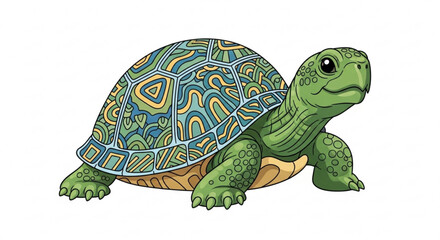 A charming cartoon turtle with a patterned shell, , showcasing intricate details and vibrant colors in a delightful illustration