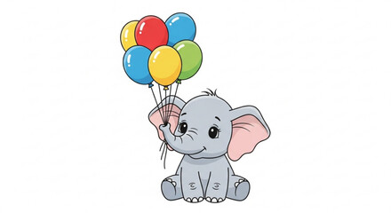 A delightful baby elephant joyfully holds a bunch of colorful balloons, , its innocent eyes sparkling with happiness and wonder