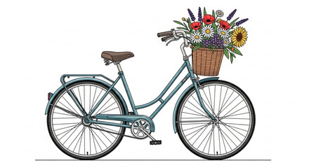 Illustration of a blue bicycle with a basket full of colorful flowers, , creating a charming and whimsical scene, perfect for greeting cards
