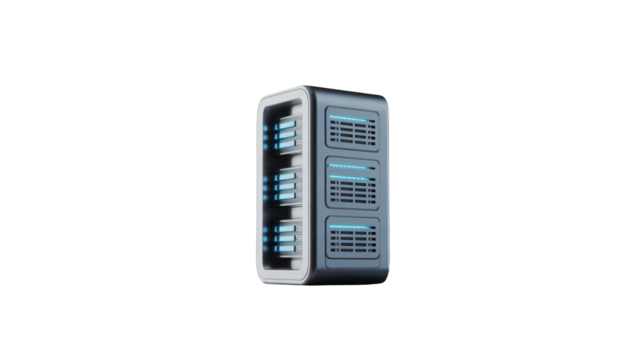 Modern server rack with glowing blue lights, perfect for data centers, cloud computing, and technology solutions