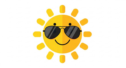 Smiling sun with sunglasses happy cartoon character with bright yellow color, wearing cool shades, radiating warmth and positive energy