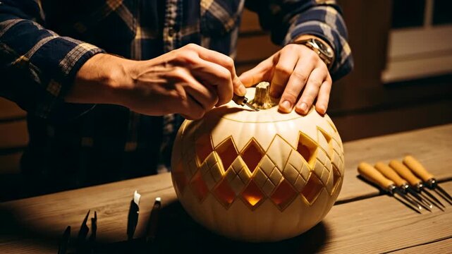 Man carving a decorative white pumpkin with tool for Halloween celebration close-up video
