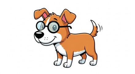 A charming cartoon dog with glasses, , showcasing a playful and intelligent canine character with a wagging tail and a smile