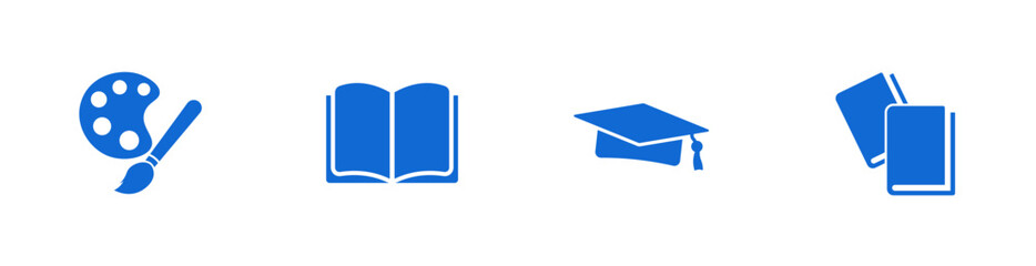 Drawing icons, open book, graduation cap. Solid vector icons.