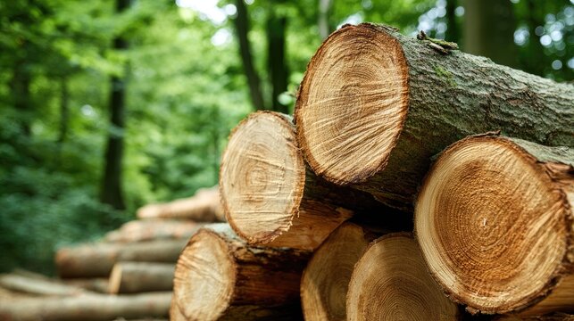 Stacked logs in a forest.