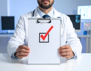 Close-up of a male doctor sit at hospital desk with a clipboard on white desk, he submit that clipboard to camera, it show a red check mark on the center. The background is a modern office.