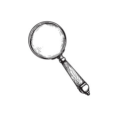 Hand drawn sketch style Magnifying Glass. Vintage retro investigation and detective symbol. Vector illustration isolated on white background.