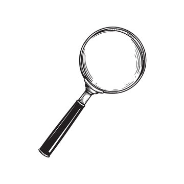 Hand drawn sketch style Magnifying Glass. Vintage retro investigation and detective symbol. Vector illustration isolated on white background.