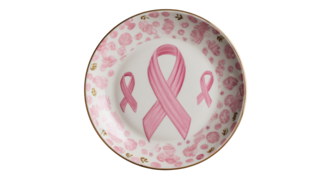 Decorative ceramic dish with pink ribbons on white background, breast cancer awareness porcelain plate