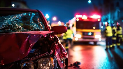 Car accident scene with emergency responders at night
