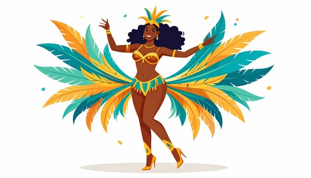 Brazilian Carnival Dancer Woman with Colorful Feathers Costume Rio Samba Festival