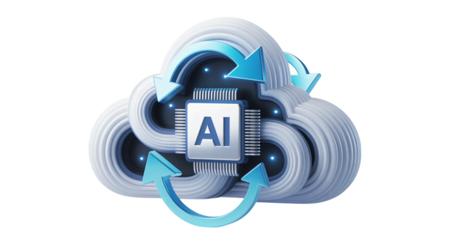 Cloud AI concept: Futuristic digital transformation with data processing, machine learning, and artificial intelligence integration