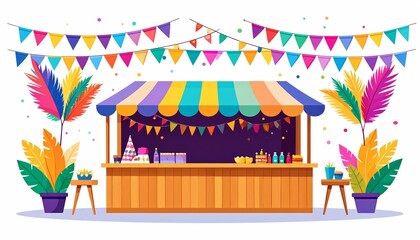 Fototapeta premium Colorful Festive Party Booth with Bunting Flags and Tropical Decorations Flat Vector Illustration