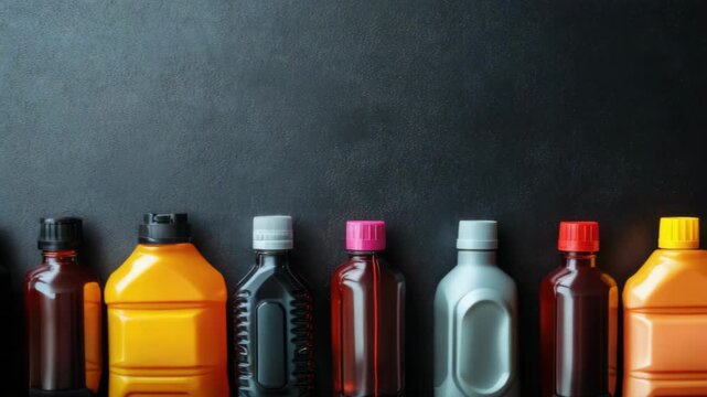 Variety of colorful plastic bottles with caps on dark surface
