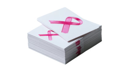 Stack of White Cards with Pink Breast Cancer Awareness Ribbon On white background 